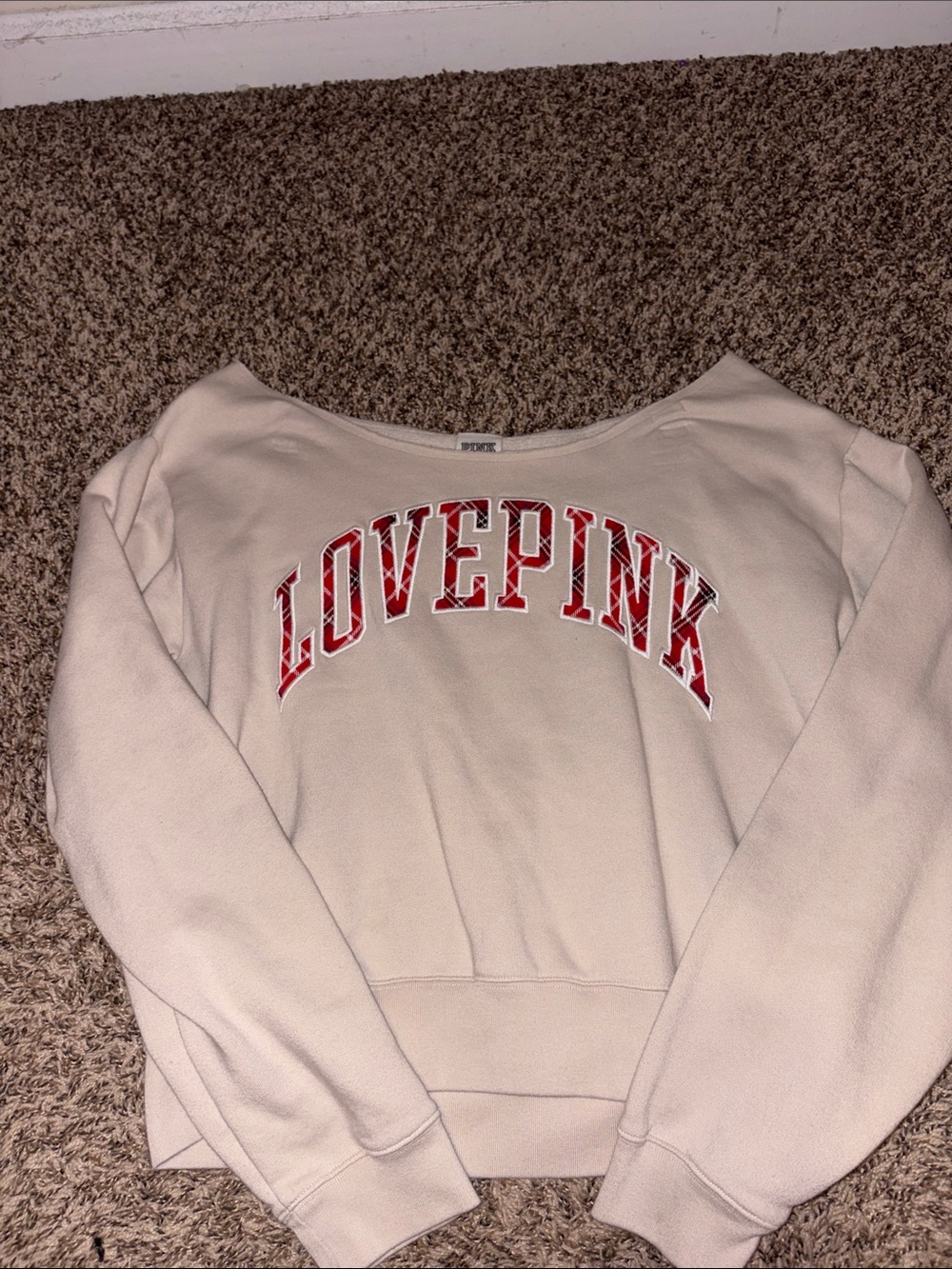 PINK Victoria's Secret Cream Off Shoulder Sweatshirt with Plaid `LOVE PINK’